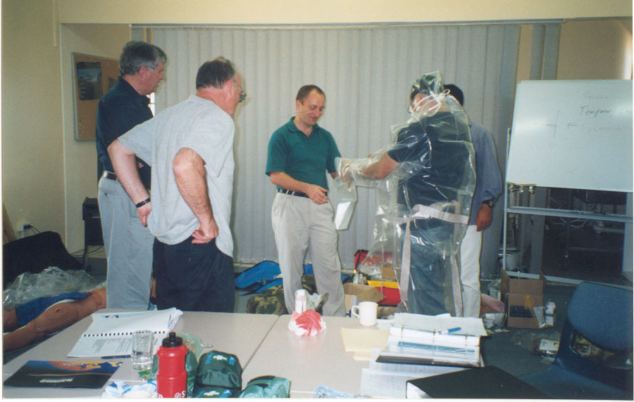 Classroom training session 1998: John Tulloh, far left, and trainer Henning Liljeqvist (‘Gosta’), centre (green shirt), who was a former troop commander in the Swedish Army