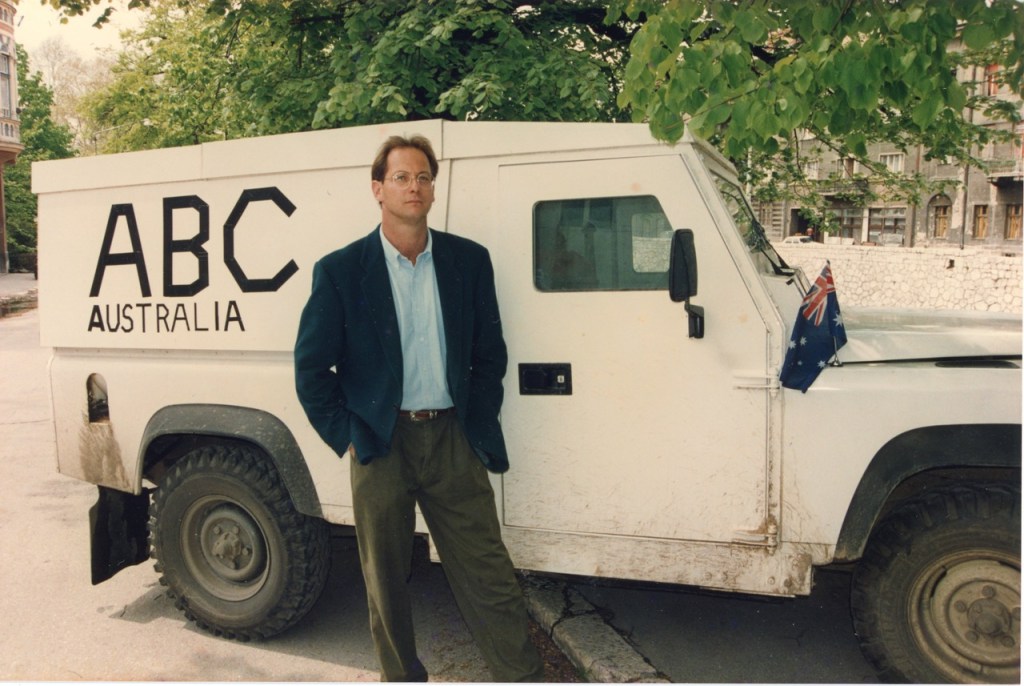 Reporter Max Uechtritz and the crew's Land Rover, the 'Hog', Bosnia, 1993