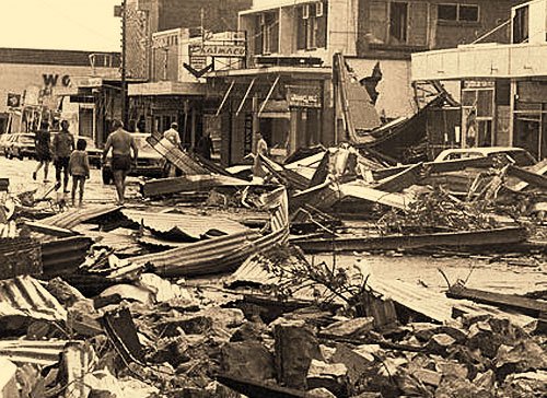 The devastated city in the aftermath of Cyclone Tracy, 1974.