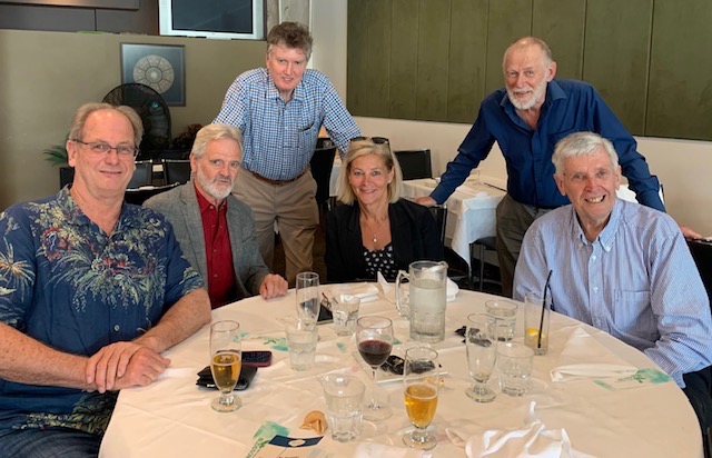 A 2018 reunion lunch with former colleagues. L- R: former heads of News Max Uechtritz (also previously a foreign correspondent) and John Cameron, Walter Hamilton (former ABC Tokyo Correspondent), Lou Lander (who worked with the NewsCAff executive from 2000), Chris Hardy (another Visnews veteran and foreign news producer in Sydney), and John Tulloh.