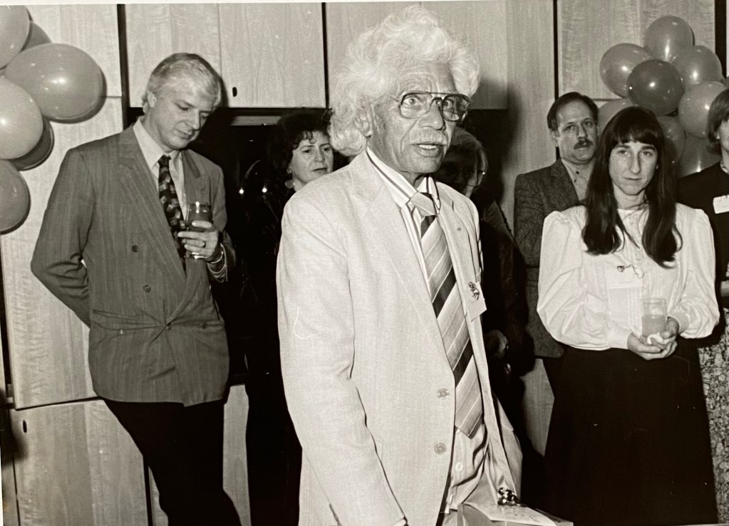 ABC Board member Senator Neville Bonner with Elaine, to his right. In the background are Malcolm Long (Director, Radio) at far left, and John Cleary (Staff-elected Director) on the right.
