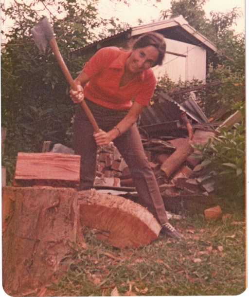 Elaine aged about 19, chopping wood on the family property – it was a skill she’d learnt years before.