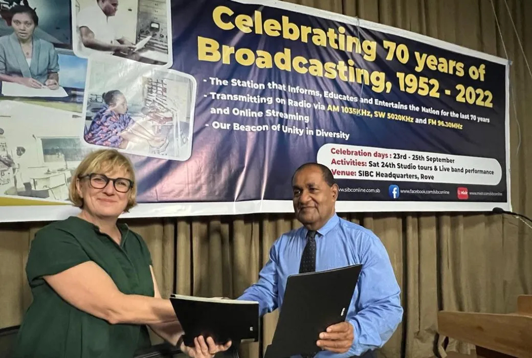 Claire Gorman, head of ABC International, sealing the new MOU with Solomon Islands Broadcasting Corporation’s CEO Jonson Honimae, in Honiara, March 2023.