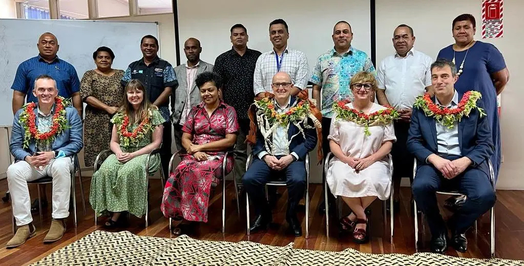 Claire Gorman (front row, second from right) brings extensive knowledge of both government and public broadcasting to her role as head of ABC International. She’s seen here with ABC colleagues and prominent members of Fiji’s media in Suva, September 2022. Picture: ABCID