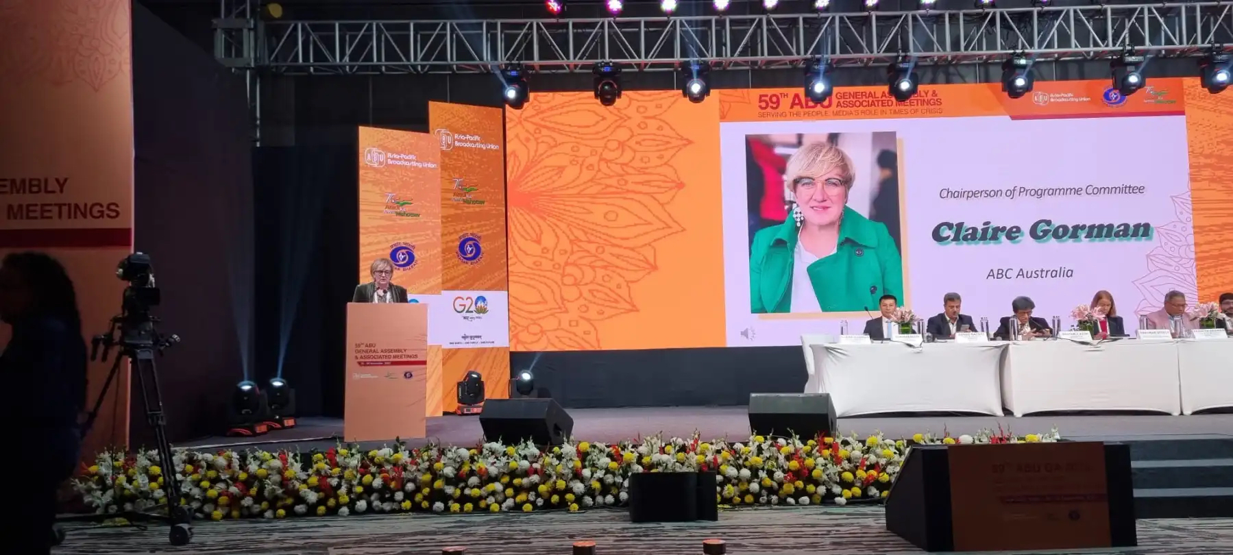 Claire Gorman addresses the influential General Assembly of Asia-Pacific Broadcasting Union (ABU). New Delhi, India, November 2022.