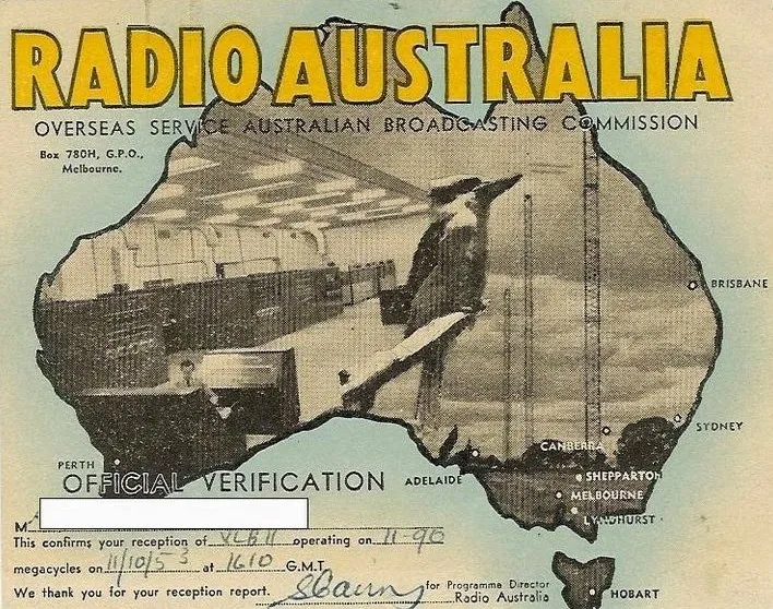 An early Radio Australia reception verification certificate.