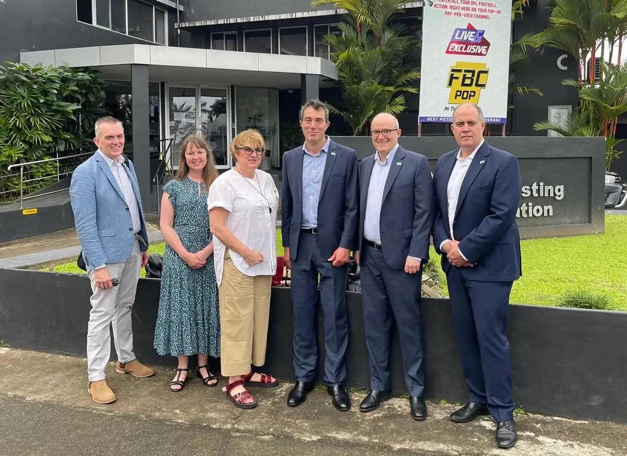 ABC delegation to the Fijian Broadcasting Corporation (FBC), Suva, September 2022. L-R: Matt O’Sullivan (managing editor, ABC’s Asia Pacific Newsroom), Jo Elsom (lead, International Development), Claire Gorman (head, ABC International), Nick Morris (manager, ABC Sport), Mark Tapley (director, ABC Strategy) and ABC MD David Anderson.