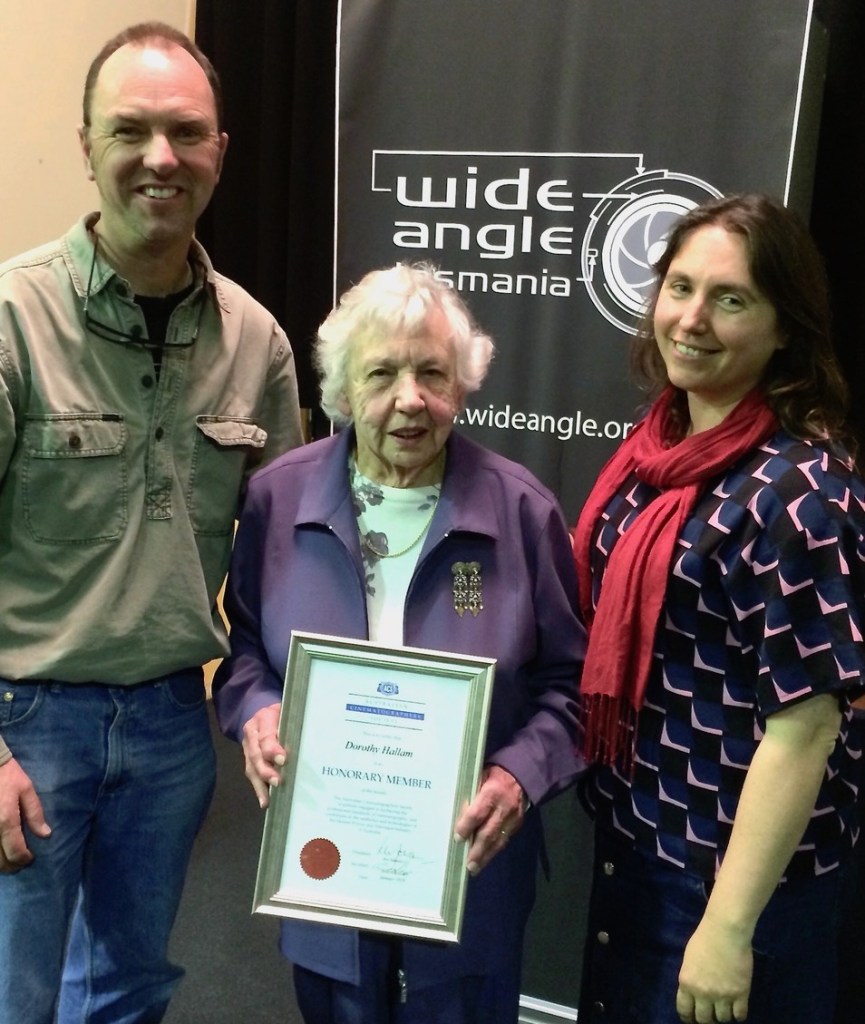 Cinematographers Peter Curtis and Bonnie Elliott with Dorothy and her ACS honorary membership certificate